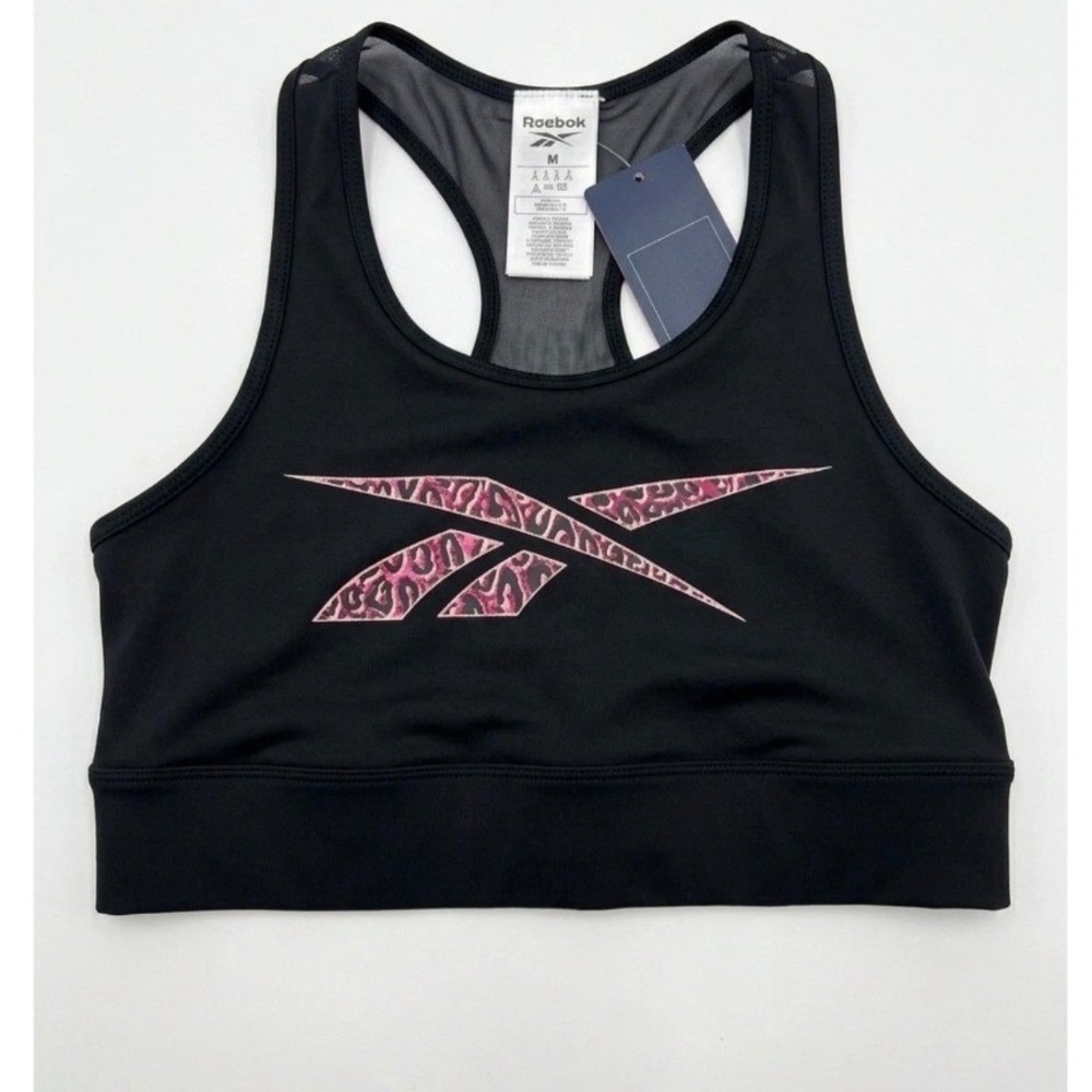 Reebok Modern Safari Bra Women M Black NWT Leopard Logo Mesh Back H56410